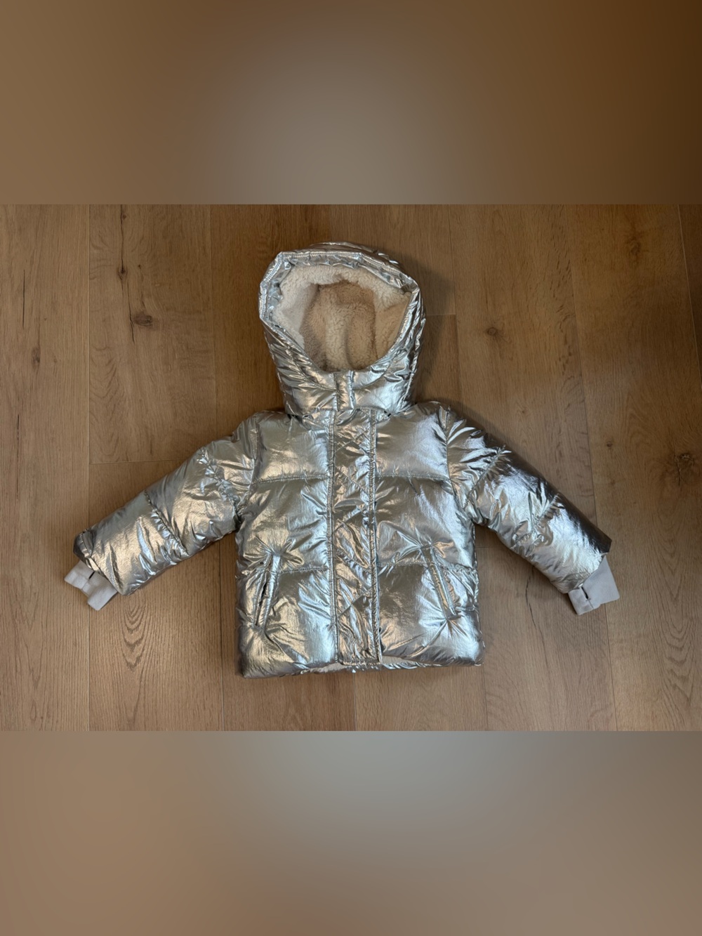 New GAP Kids Metallic Silver Puffer Jacket with Sherpa Hood